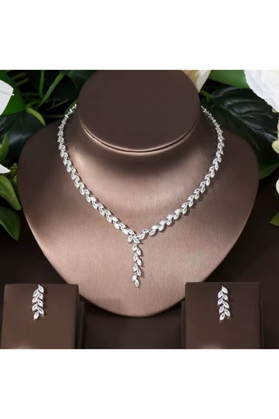 VİYA Anemone Zirkon Taşlı Takı Seti Kolye Küpe Set Düğün Nişan Seti