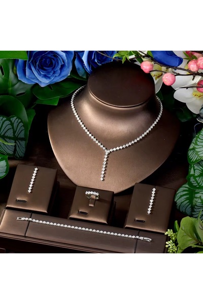 VİYA Chole Zirkon Taşlı Takı Seti Kolye Küpe Bileklik Yüzük Set Düğün Nişan Seti