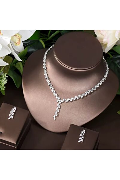 VİYA Anemone Zirkon Taşlı Takı Seti Kolye Küpe Set Düğün Nişan Seti