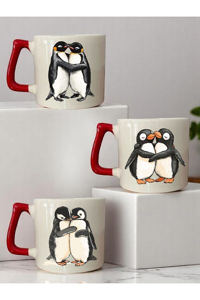 lili hediyelik Penguin 3-Piece Red Handled Ceramic Mug Cup Coffee Cup