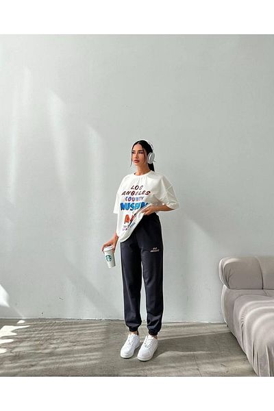 DUBU BUTİK Μπλουζάκι ART Printed Sweatpants Jogger-Printed Bottom Top Σετ φόρμας Oversize Crew Neck