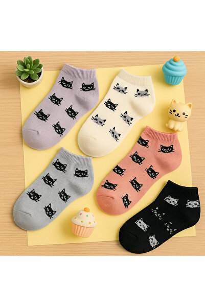 BATUSHE 5'li Paket- Kedi Desenli Çocuk Çorabı -kısa çocuk çorabı-bebek -kedili