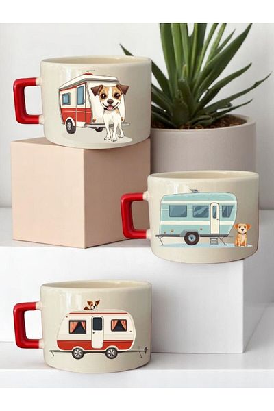 lili hediyelik Dog and Caravan Printed 3-Piece Coffee Cup Ceramic Gift Mug Cup