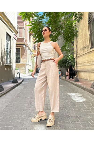 FrillThrill Krem Keten Kumaş Pantolon