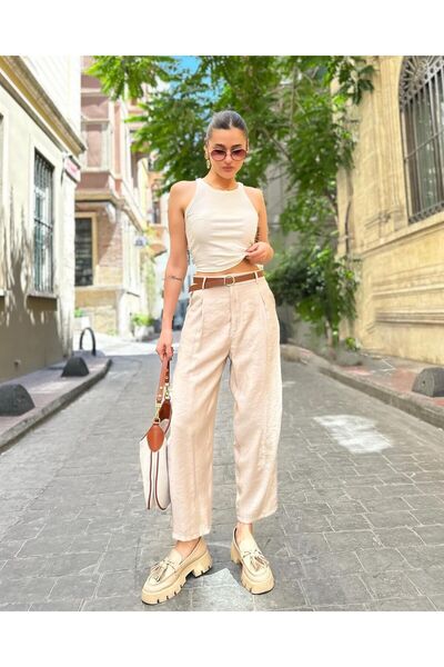FrillThrill Krem Keten Kumaş Pantolon