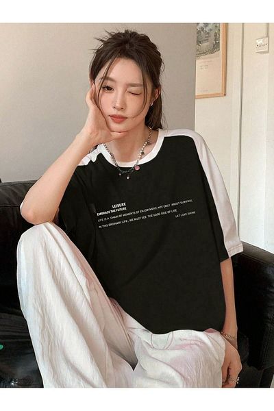 DUBU BUTİK Leisure Future Pieced Single Jersey T-Shirt - Black Body Shoulder White Pieced Oversize Unisex
