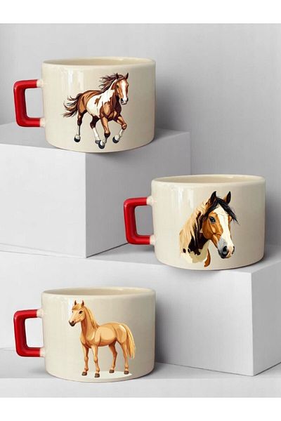 lili hediyelik Horse Printed 3-Piece Coffee Cup Ceramic Gift Mug Cup