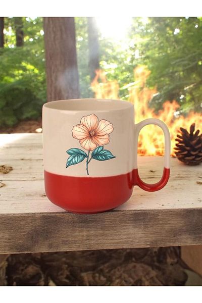 lili hediyelik Flower Printed 3-Piece Red Base Ceramic Mug