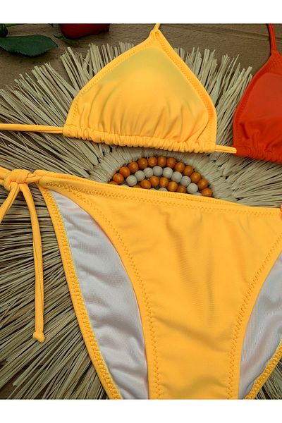 XORVİO Women's Lycra Flexible Side and Neck Tie Stylish Drawstring Triangle Yellow Orange Bikini Suit