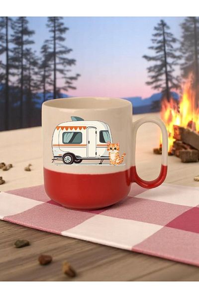 lili hediyelik Caravan and Cat Printed Set of 3 Red Bottom Ceramic Mug