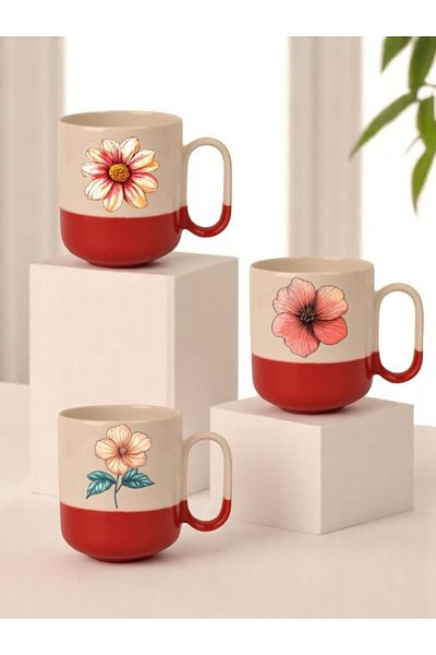 lili hediyelik Flower Printed 3-Piece Red Base Ceramic Mug
