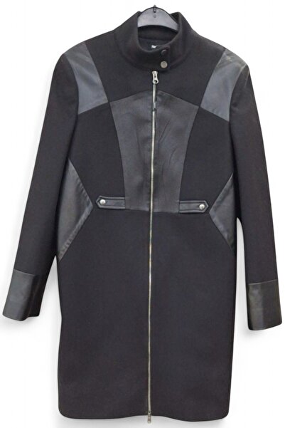 KLASTARZ 38 / M SİYAH DERİ DETAYLI KAŞE FERMUAR KAPAMALI MİDİ BOY KLASİK YARI...