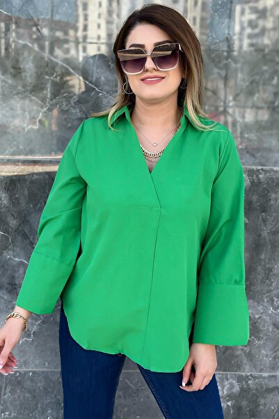 MELTEM TUĞAN Gömlek Yaka İspanyol Kol Gömlek Bluz YEŞİL