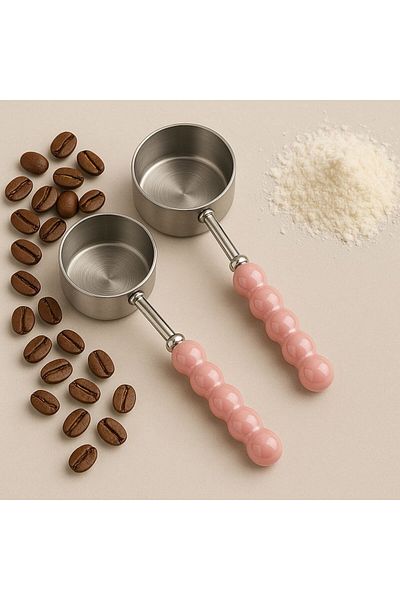 Qerhome Set of 2 Porcelain Pearlescent Pink Handle Measuring Spoons Silver 5ml