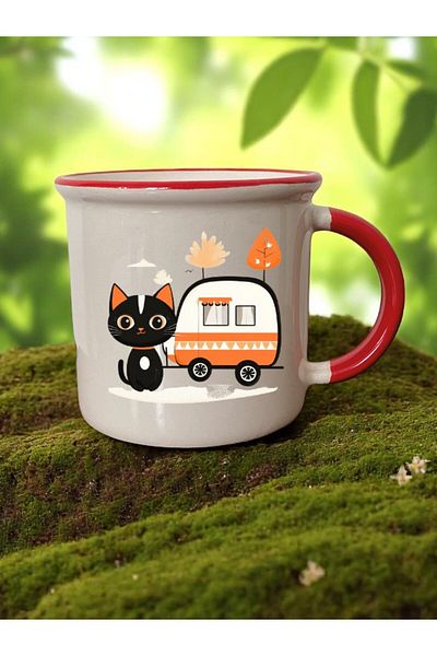 lili hediyelik Cat and Caravan Printed 3-Piece Red Ceramic Mug Cup Gift Coffee Cup