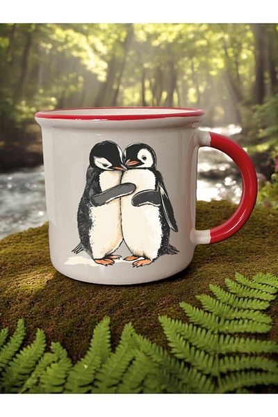 lili hediyelik Penguin Printed 3-Piece Red Ceramic Mug Cup Gift Coffee Cup