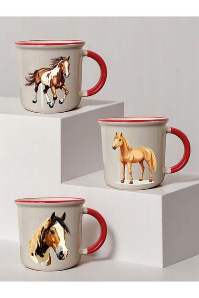 lili hediyelik Horse Printed 3-Piece Red Ceramic Mug Cup Gift Coffee Cup