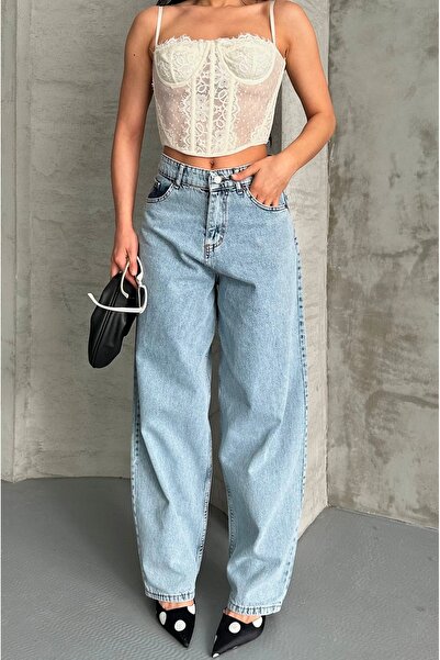 DESTEMODA Blugi pentru femei Blugi largi Pantaloni din denim Spălat cu zăpadă Albastru gheață 4000