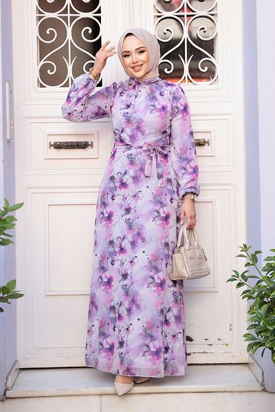 Neva Style Rochie violet cu model de flori 27991