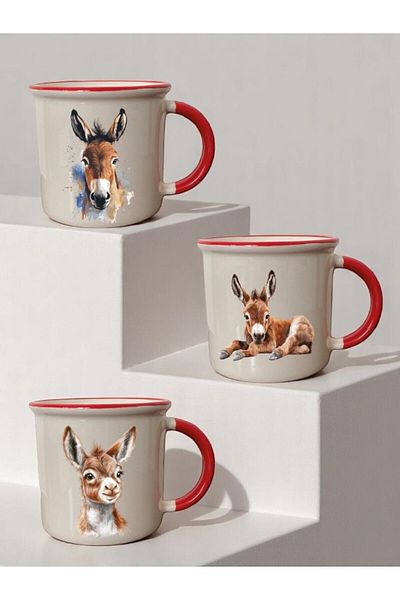 lili hediyelik Donkey Printed 3-Piece Red Ceramic Mug Cup Gift Coffee Cup