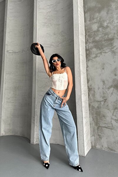 DESTEMODA Blugi pentru femei Blugi largi Pantaloni din denim Spălat cu zăpadă Albastru gheață 4000