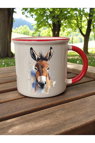 lili hediyelik Donkey Printed 3-Piece Red Ceramic Mug Cup Gift Coffee Cup