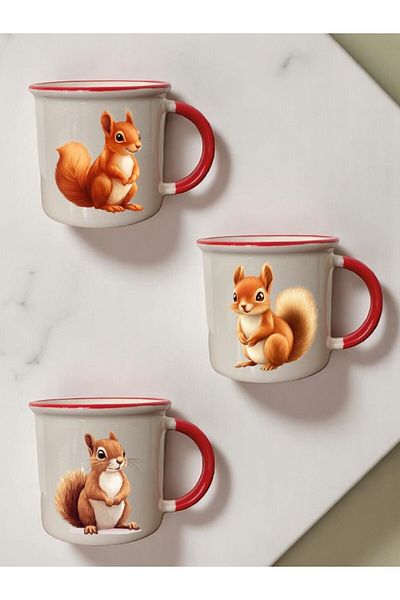 lili hediyelik Squirrel Printed 3-Piece Red Ceramic Mug Cup Gift Coffee Cup