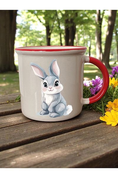 lili hediyelik Rabbit Printed 3-Piece Red Ceramic Mug Cup Gift Coffee Cup