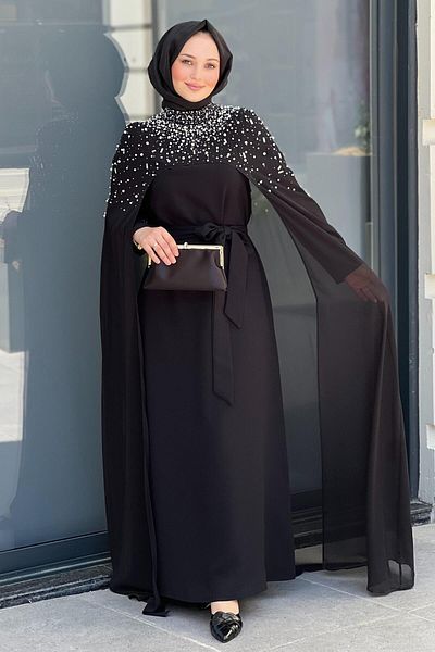 White Corner Cape Pearl Embroidered Evening Dress