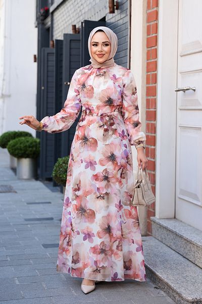 Neva Style Rochie hijab bej cu modele florale 27996