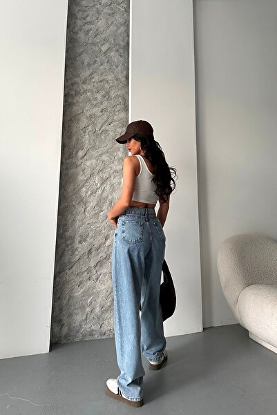 DESTEMODA Blugi pentru femei Blugi largi Pantaloni din denim Snow Wash Blue 4000