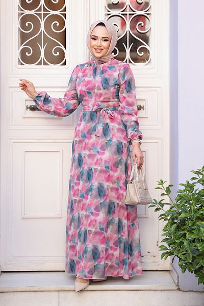 Neva Style Floral Patterned Fuchsia Hijab Dress 27994F