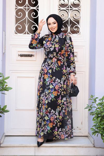 Neva Style Floral Patterned Black Hijab Dress 279902 S