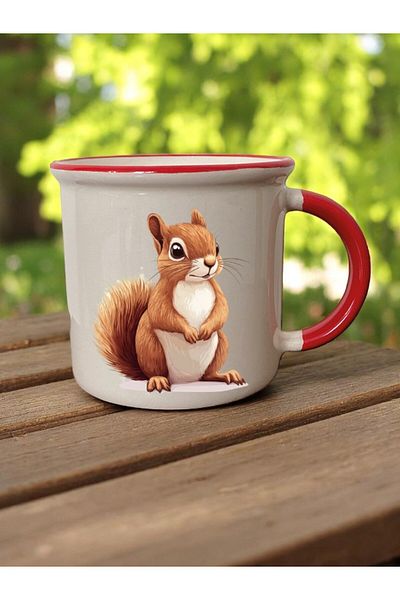 lili hediyelik Squirrel Printed 3-Piece Red Ceramic Mug Cup Gift Coffee Cup