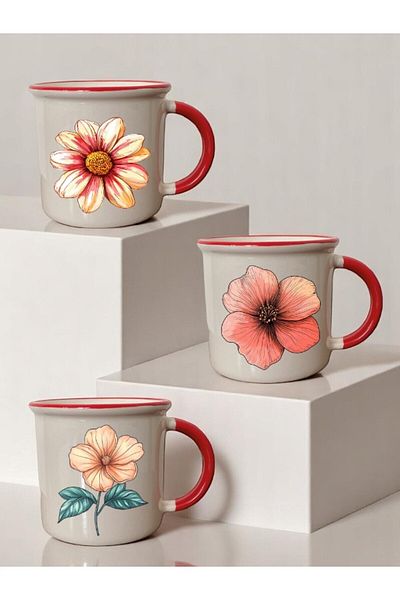 lili hediyelik Flower Printed 3-Piece Red Ceramic Mug Cup Gift Coffee Cup