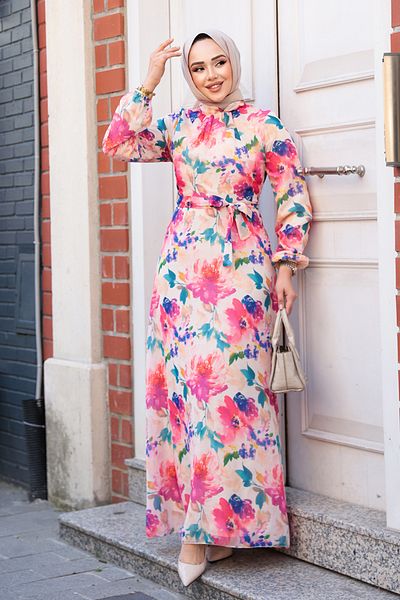 Neva Style Floral Patterned Fuchsia Hijab Dress 27993F