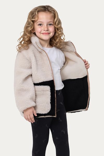 Riverstorm Girl's Plush Ecru Black Pocket Zippered Welsoft Winter Coat