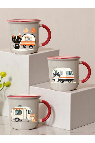 lili hediyelik Cat and Caravan Printed 3-Piece Red Ceramic Mug Cup Gift Coffee Cup