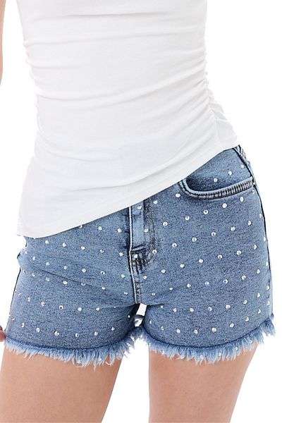 vesantia Pantaloni scurți din denim din lycra cu talie înaltă albastru deschis pentru femei