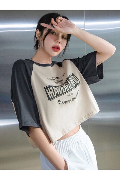 CLAYES Wonderful Mood Single Jersey Crop T-Shirt - Beige White Printed Oversize Crew Neck T-Shirt