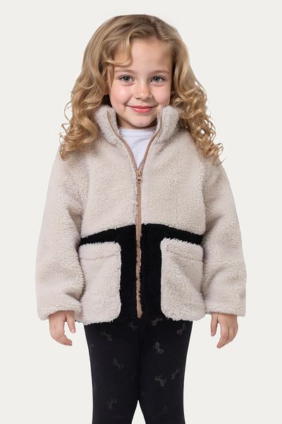Riverstorm Girl's Plush Ecru Black Pocket Zippered Welsoft Winter Coat