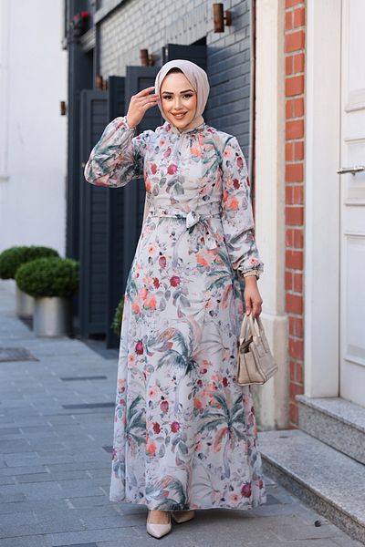 Neva Style Floral Patterned Ecru Hijab Dress 27988E