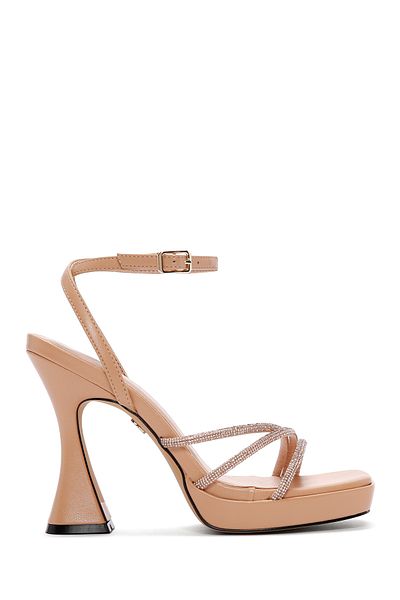 Derimod Women's Beige Ankle Strap Stone High Heeled Shoes Sandals 24Sfd441414