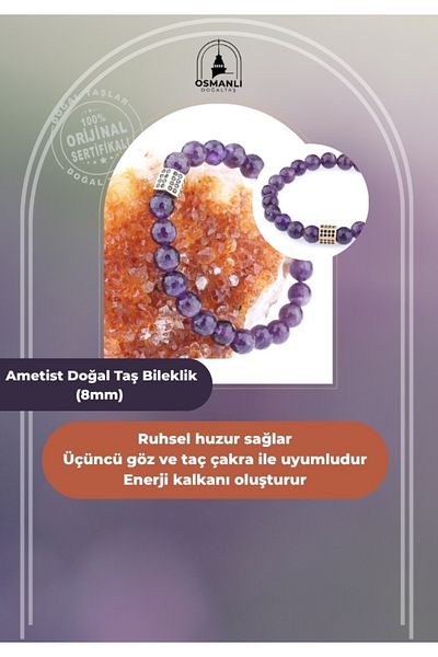 OSMANLI DOĞAL TAŞ Certified Amethyst-natural Stone Bracelet-8mm B597