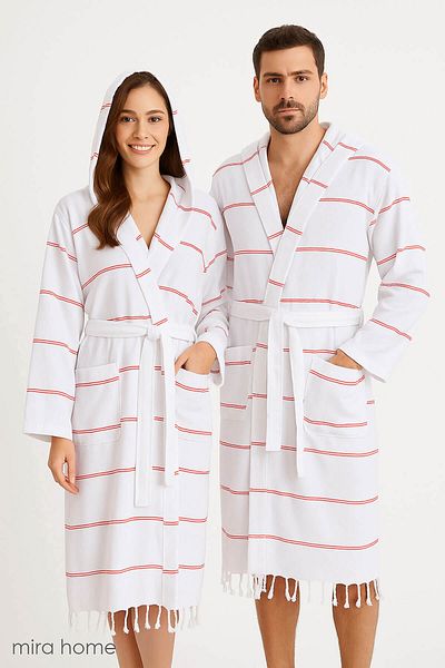 Mira Home Hooded Unisex White Striped Bath Sea Beach Peshtemal Bathrobe 100% Cotton