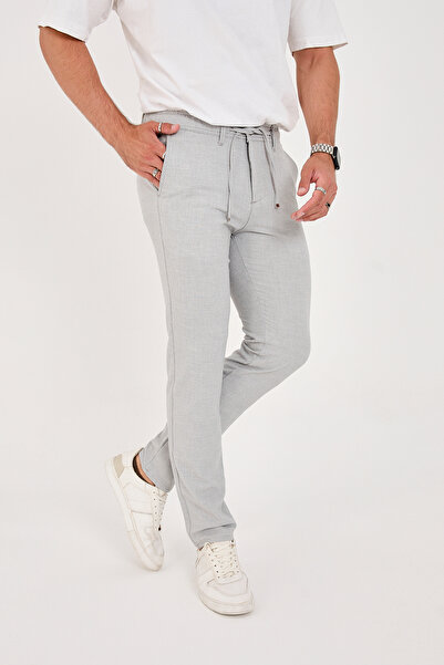 BROCARD Men's Seersucker Lycra Jogger Slimfit Waist Half Elastic Light Gray Fabric Trousers