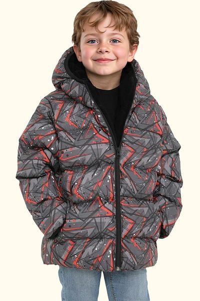 Riverstorm Black Geometric Pattern Fleece Jacket for Boys - Water and Windproof, Hooded and Pocketed