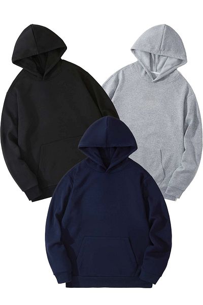 DUBU BUTİK 3-Piece Plain Basic Thick Winter Sweatshirt - Black Gray Navy Blue Oversize Hooded