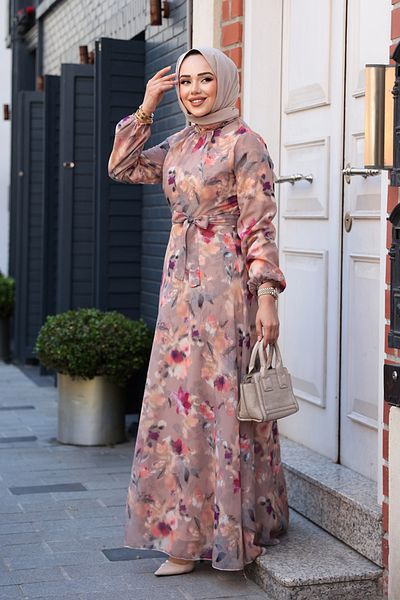 Neva Style Floral Patterned Camel Hijab Dress 27987C
