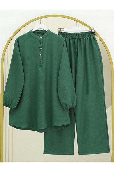 Modamorfo Emerald Stand Collar Linen Suit - Half Buttoned Box Elastic
